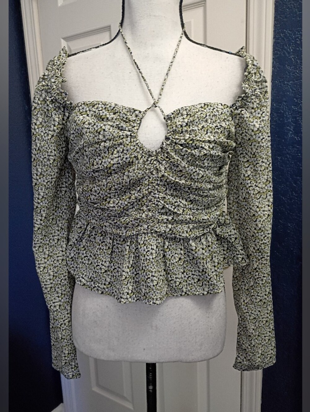 Floral Ruched Peplum Blouse - Green/White